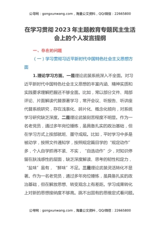 在学习贯彻2023年主题教育专题民主生活会上的个人发言提纲（六个方面）(2)