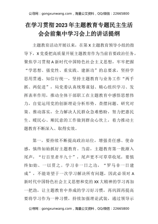 在学习贯彻2023年主题教育专题民主生活会会前集中学习会上的讲话提纲