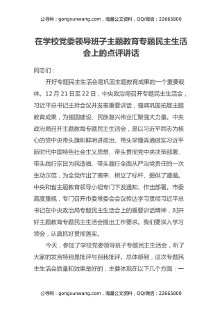 在学校党委领导班子主题教育专题民主生活会上的点评讲话