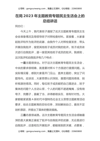 在局2023年主题教育专题民主生活会上的总结讲话