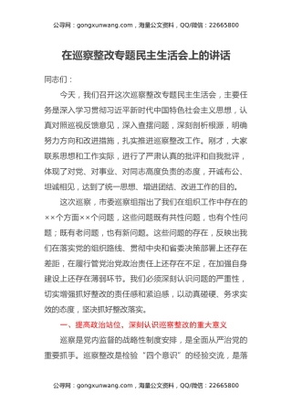 在巡察整改专题民主生活会上的讲话
