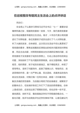 在巡视整改专题民主生活会上的点评讲话