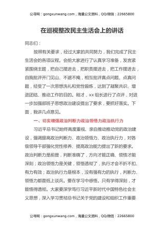 在巡视整改民主生活会上的讲话