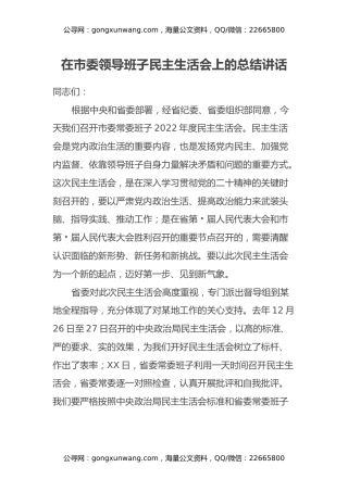 在市委党委班子民主生活会上的点评讲话