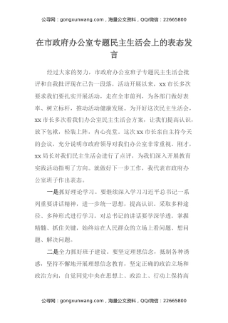 在市政府办公室专题民主生活会上的表态发言