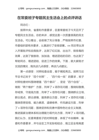 在常委班子专题民主生活会上的点评讲话