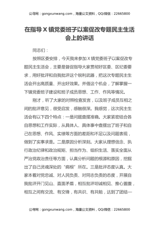 在指导X镇党委班子以案促改专题民主生活会上的讲话