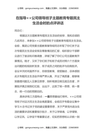 在指导××公司领导班子主题教育专题民主生活会时的点评讲话