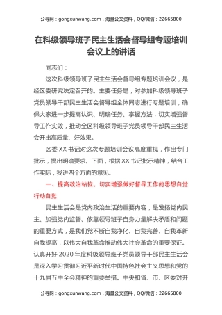 在科级领导班子民主生活会督导组专题培训会议上的讲话