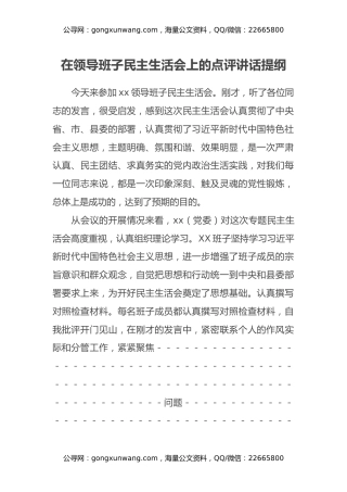 在领导班子民主生活会上的点评讲话提纲