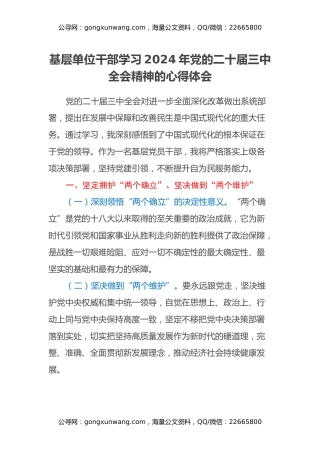基层单位干部学习2024年党的二十届三中全会精神的心得体会