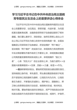 学习习近平总书记在中共中央政治局主题教育专题民主生活会上的重要讲话心得体会