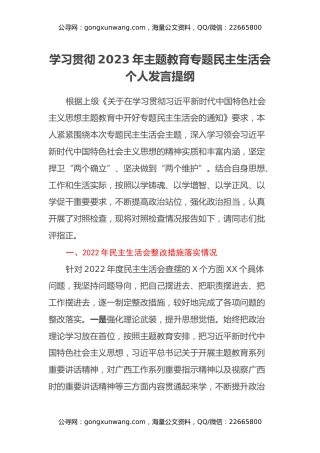 学习贯彻2023年主题教育专题民主生活会个人发言提纲（上年度整改措施落实情况、典型案例剖析、八个方面、意识形态、政绩观）
