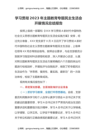 学习贯彻2023年主题教育专题民主生活会开展情况总结报告