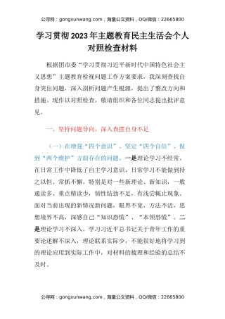 学习贯彻2023年主题教育民主生活会个人对照检查材料