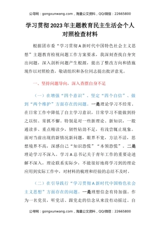 学习贯彻2023年主题教育民主生活会个人对照检查材料 (2)