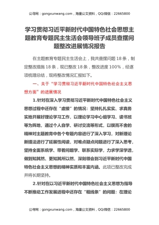 学习贯彻习近平新时代中国特色社会思想主题教育专题民主生活会领导班子成员查摆问题整改进展情况报告