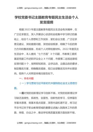 学校党委书记主题教育专题民主生活会个人发言提纲（七个方面、政绩观、反面典型案例剖析）