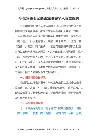 学校党委书记民主生活会个人发言提纲