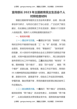 宣传部长2023年主题教育民主生活会个人对照检查材料