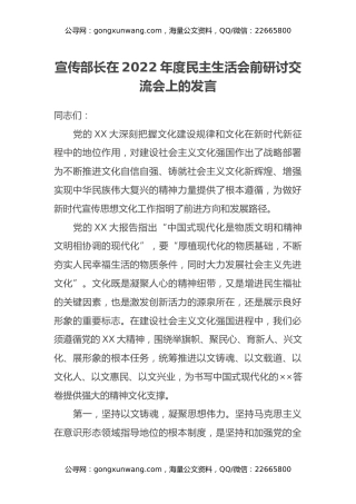 宣传部长在2022年度民主生活会前研讨交流会上的发言