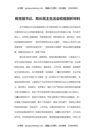 局党组书记、局长民主生活会检视剖析材料