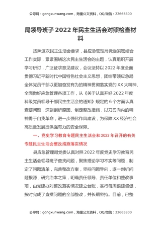 局领导班子2022年民主生活会对照检查材料