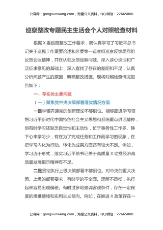 巡察整改专题民主生活会个人对照检查材料(1)