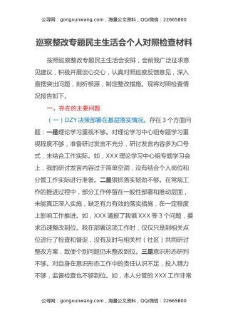 巡察整改专题民主生活会个人对照检查材料（9）