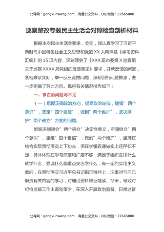 巡察整改专题民主生活会派驻纪检组组长对照检查剖析材料