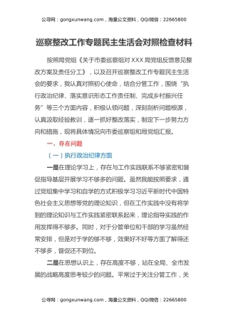 巡察整改工作专题民主生活会对照检查材料（含批评意见）