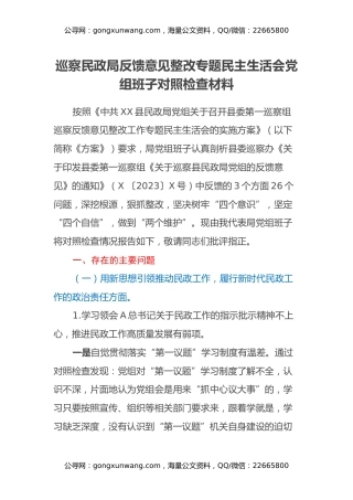巡察民政局反馈意见整改专题民主生活会党组班子对照检查材料