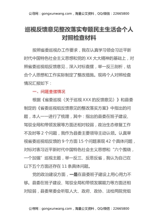 巡视反馈意见整改落实专题民主生活会个人对照检查材料