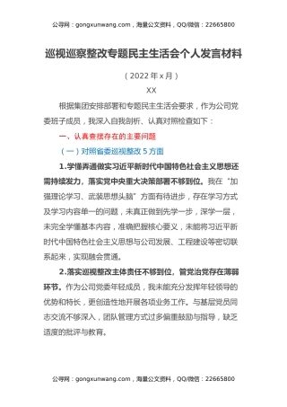 巡视巡察整改专题民主生活会个人发言材料