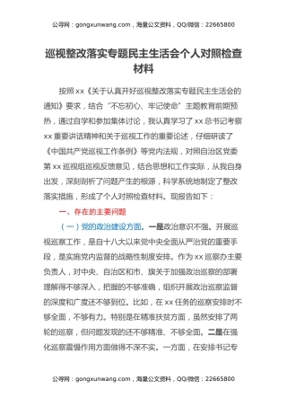 巡视整改落实专题民主生活会个人对照检查材料