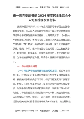 市一高党委副书记2024年度民主生活会个人对照检视发言材料（学校+四个带头+围绕典型案例剖析自身问题）