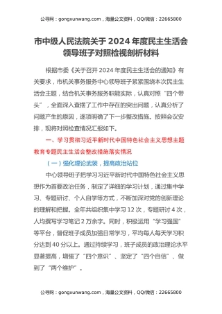 市中级人民法院关于2024年度民主生活会领导班子对照检视剖析材料（主题教育整改措施落实情况+四个带头+以案为鉴反思，自身差距有不足）