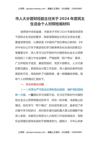 市人大分管财经副主任关于2024年度民主生活会个人对照检视材料（四个带头+典型案例剖析）