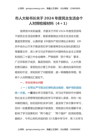 市人大秘书长关于2024年度民主生活会个人对照检视材料（四个带头+违纪行为典型案例剖析）