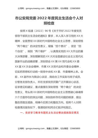 市公安局党委班子成员2022年度民主生活会个人对照检查