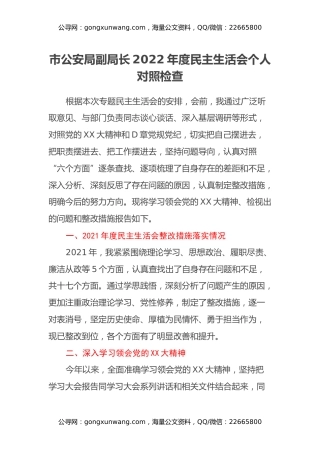 市公安局副局长2022年度民主生活会个人对照检查