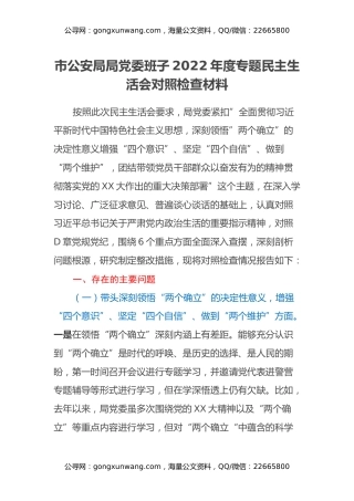 市公安局局党委班子2022年度专题民主生活会对照检查材料