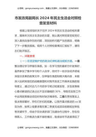 市发改局副局长2024年民主生活会对照检查发言材料