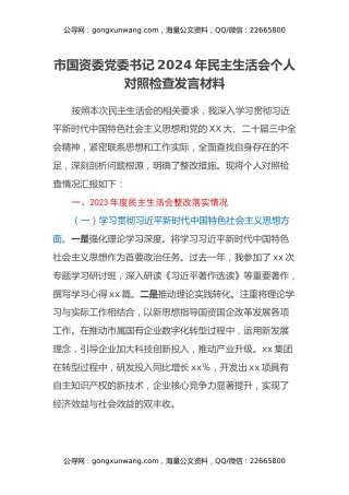 市国资委党委书记2024年民主生活会个人对照检查发言材料（上年度整改落实情况）