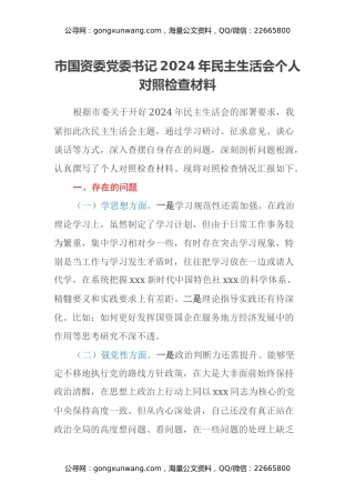 市国资委党委书记2024年民主生活会个人对照检查材料