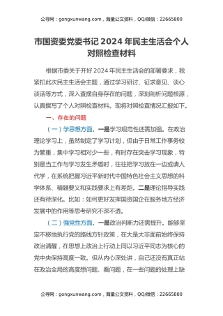 市国资委党委书记2024年民主生活会个人对照检查材料 (2)