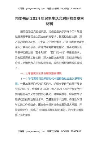 市委书记2024年民主生活会对照检查发言材料（上年度整改落实情况）