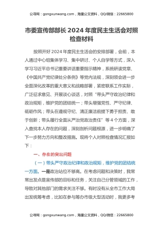 市委宣传部部长2024年度民主生活会对照检查材料（四个带头+典型案例剖析）