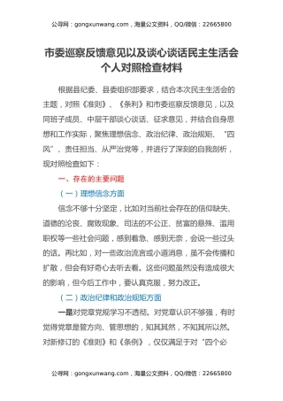 市委巡察反馈意见以及谈心谈话民主生活会个人对照检查材料