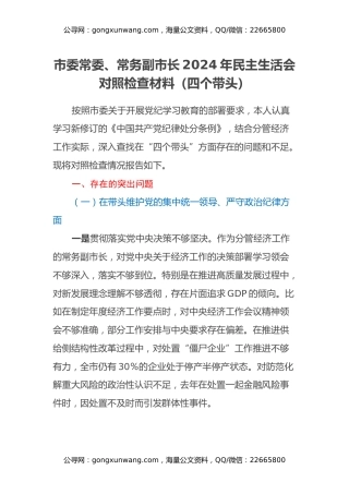 市委常委、常务副市长2024年民主生活会对照检查材料（四个带头）